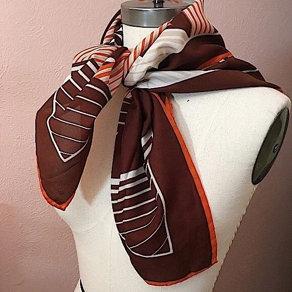 VTG 60 70 Jim Renoir Geometric Print Brown Burnt Orange Large Square scarf - Picture 9 of 16